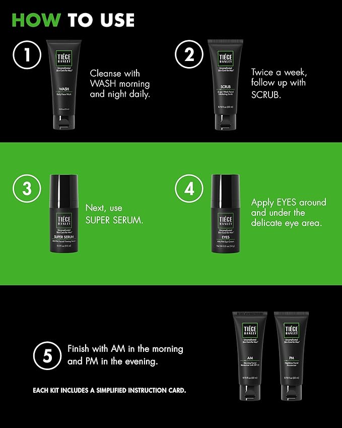 Tiege Hanley Skin Care Set for Men, Anti Aging Routine, System Level 3, Daily Face Wash, Facial Scrub, Two Moisturizers, Eye Cream, and Serum for Healthy, Hydrated Skin, Men’s Skin Care, 6 Piece Kit