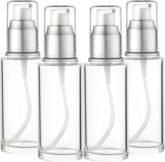 1.7 Oz 50ml Refillable Luxury Clear Glass Lotion Travel Pump Bottle with Silver Cap for Cosmetics, Lotion, Body Cream, Sanitizers, Cream, Foundation (Pack of 4)