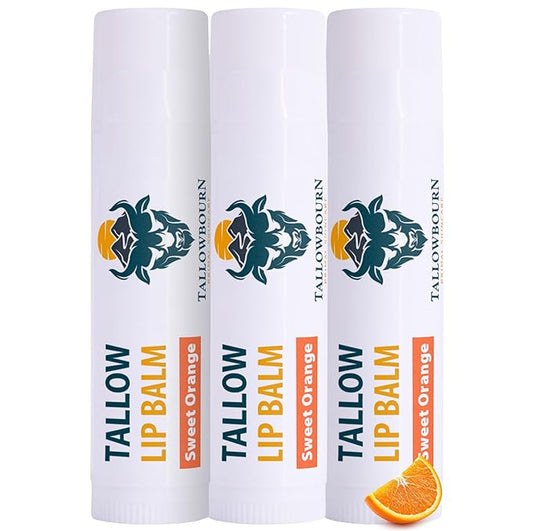 Moisturizing Tallow Lip Balm – Grass-Fed Beef Tallow with Organic Coconut Oil, Beeswax, and Vitamin E – Sweet Orange – Lip Balm Set – Travel Essential – 3-Pack