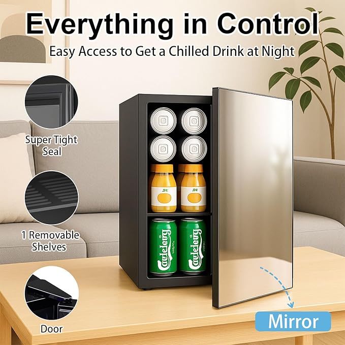 0.9 Cu.Ft Mini Refrigerator and Beauty Fridge, 24 Cans Mini Fridge with Mirror Door, Temperature Control, Removable Shelf, Compact Cooler for Bedroom, Dorm, Office, Beverage Beauty Storage