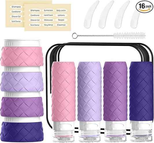 16 Pack Travel Bottles for Toiletries, TSA Approved Travel Size Toiletries Containers Set, BPA-Free Silicone Leak Proof Refillable Bottles Stackable Creams Jars Accessories Kit W/Clear Bag(Purple)