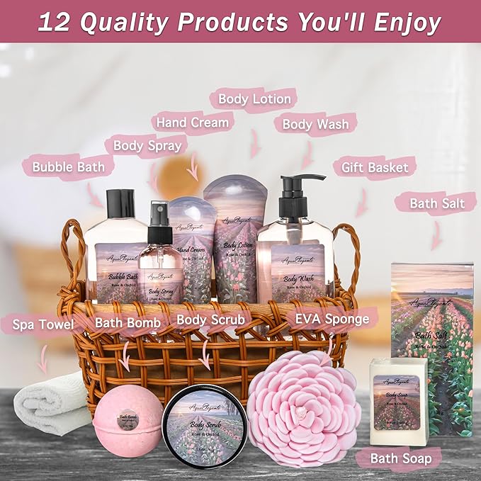 Spa Baskets For Women - Luxury Bath Set With Rose Oil & Orchid - Spa Kit Includes Wash, Bubble Bath, Lotion, Bath Salts, Body Scrub, Bath Spray, Shower Puff, Bathbombs, Soap and Towel