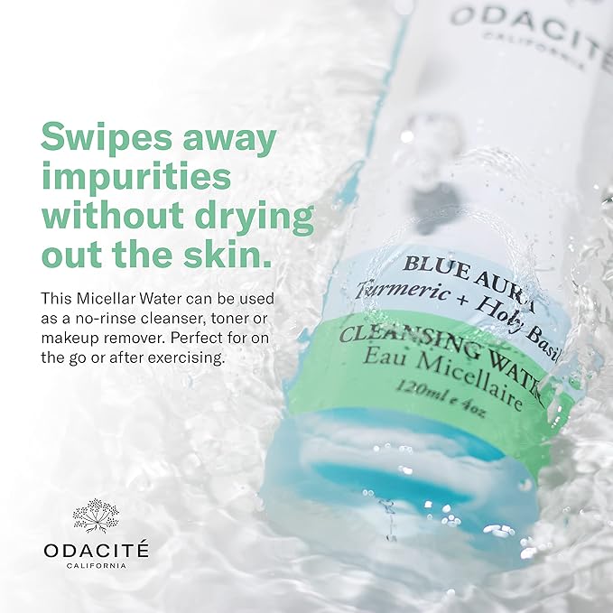 Odacité Facial Cleanser with Foam - Blue Aura Cleansing Water Facial Wash with Neem, Holy Basil & Turmeric - No-Rinse Micellar Water Removes Pollution, Impurities & Makeup, 4.0 fl. Oz