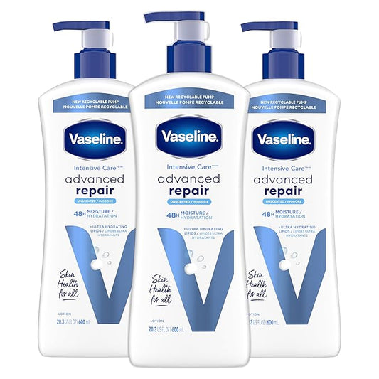 Vaseline Intensive Care Unscented Advanced Repair Body Lotion - Ultra-Hydrating with Lipids for Extremely Dry Skin, 20.3 oz, Pack of 3
