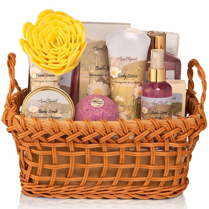 Spa Baskets For Women - Luxury Bath Set With Lavender & Chamomile - Spa Kit Includes Wash, Bubble Bath, Lotion, Bath Salts, Body Scrub, Body Spray, Shower Puff, Bathbombs, Soap and Towel