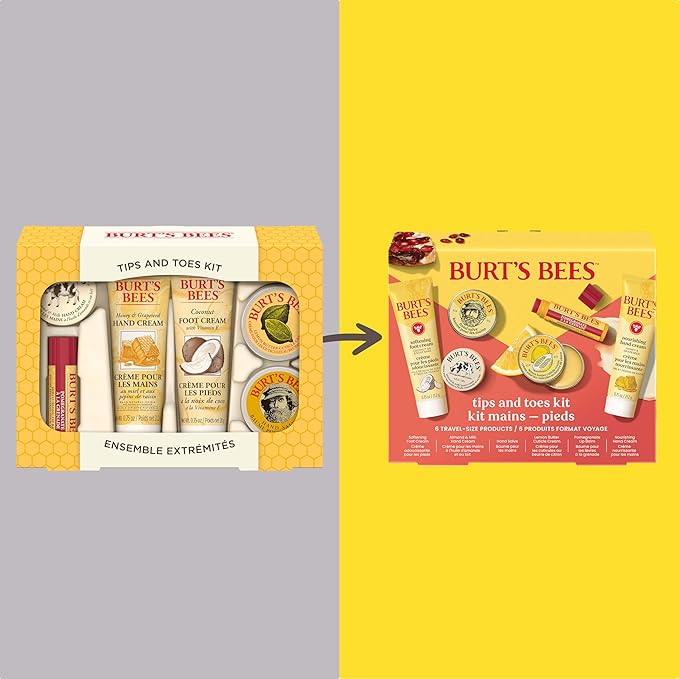 Burt's Bees Christmas Gifts - Tips and Toes Kit, 6 Travel Size Products for Stocking Stuffers - Pomegranate Moisturizing Lip Balm, 2 Hand Creams, Foot Cream, Cuticle Cream, and Hand Salve