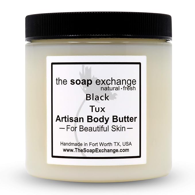 The Soap Exchange Body Butter - Black Tux Scent - Hand Crafted 8 fl oz / 240 ml Natural Artisan Skin Care, Shea Butter, Aloe Vera, Nourish, Moisturize, & Protect. Made in the USA.