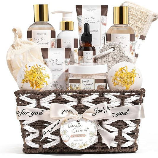 Christmas Birthday Gifts for Women, Vanilla Coconut Relaxing Spa Gift Baskets for Women Self Care Package Bath Gift Set, Home Bath and Body Kit Pampering Gifts for Womens Mom Her Friends Sister Wife