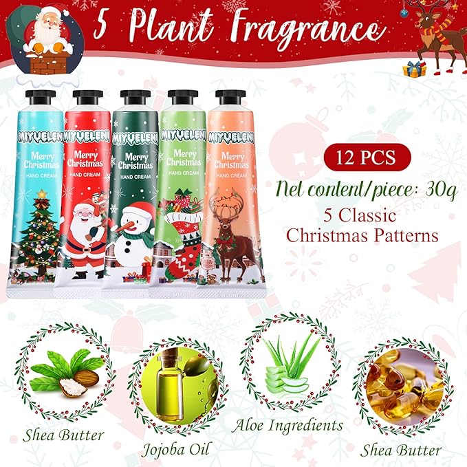 12 Pcs Christmas Hand Cream Gift Sets for Dry Cracked Hands Moisturizing Hand Lotion Small Travel Lotion Stocking Stuffers Gift Set for Women Mom Girlfriend Christmas Birthday