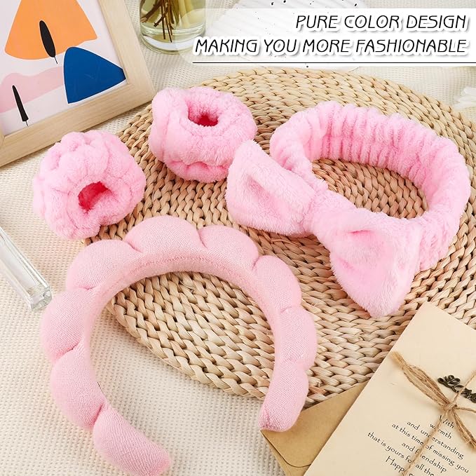 Zkptops 6Pcs Spa Headband for Washing Face Wristbands Set Women Bubble Skincare Makeup Sponge Terry Cloth Padded Puffy Headband Bow Tie Hairband Cute Non Slip Thick Hair Accessory Gifts(Pink)