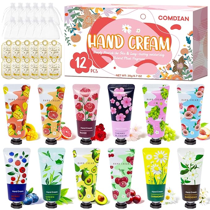 12 Pack Hand Cream for Women, Mini Hand Lotion Travel Size for Dry Cracked Care, Natural Plant Fragrance Moisturizer Present Set for Mother, Teacher Appreciation and Bridesmaid Present