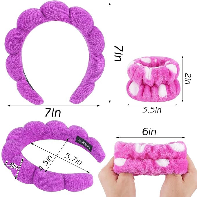 Zkptops 6Pcs Spa Headband for Washing Face Wristbands Set Women Bubble Skincare Makeup Sponge Terry Cloth Padded Puffy Headband Bow Tie Hairband Cute Non Slip Thick Hair Accessory Gifts(Dark Purple)