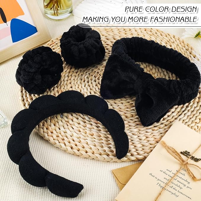 Zkptops 6Pcs Spa Headband for Washing Face Wristbands Set Women Bubble Skincare Makeup Sponge Terry Cloth Padded Puffy Headband Bow Tie Hairband Cute Non Slip Thick Hair Accessory Gifts(Black)