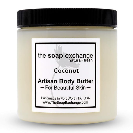 The Soap Exchange Body Butter - Coconut Scent - Hand Crafted 4 fl oz / 120 ml Natural Artisan Skin Care, Shea Butter, Aloe Vera, Nourish, Moisturize, & Protect. Made in the USA.