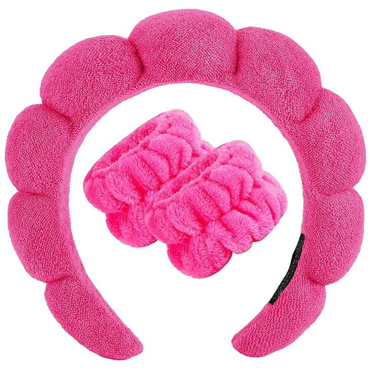 Zkptops Spa Headband for Women Sponge Makeup Skincare Headband Washing Face Wristband Set Terry Cloth Bubble Soft Get Ready Hairband Puffy Padded Headwear Non Slip Thick Hair Accessory(Hot Pink-2)