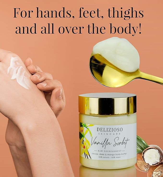 Coconut Mango 100% Natural & Vegan Raw Nourishment Body Butter - Cocoa, Shea & Mango Butter - Rich, Quick Absorbing Moisturizer For Full Body, Hands & Feet - Handmade, Cruelty Free, with Organics, Delizioso Skincare - 8 oz