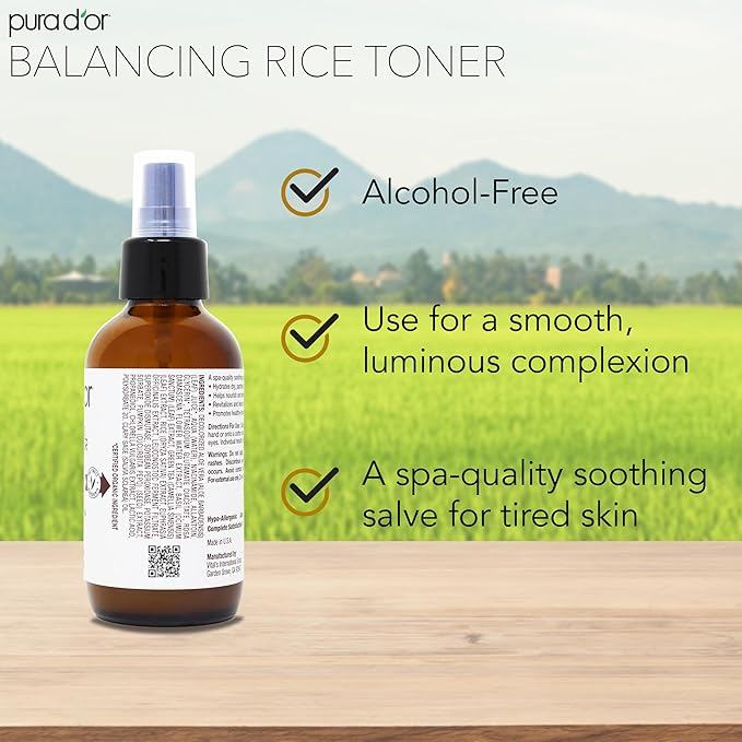 PURA D'OR 3.38 Oz Rice Water Balancing Facial Toner - Hydrating & Soothing Formula with Natural Extracts - Skin Texture Support for Radiant Skin - Alcohol-Free - Travel Size