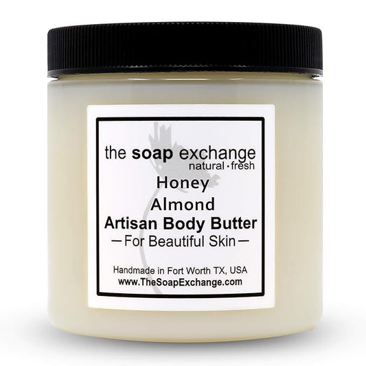 The Soap Exchange Body Butter - Honey Almond Scent - Hand Crafted 8 fl oz / 240 ml Natural Artisan Skin Care, Shea Butter, Aloe Vera, Nourish, Moisturize, & Protect. Made in the USA.