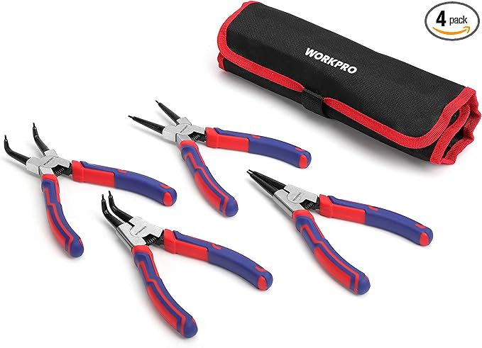 WORKPRO 4-Piece Snap Ring Pliers Set - Heavy Duty 7-inch Internal/External Circlip Pliers Kit (Tip Diameter 5/64'')-Straight/Bent Jaw - Cr-V Steel - For Ring Remover Retaining- Storage Pouch Included