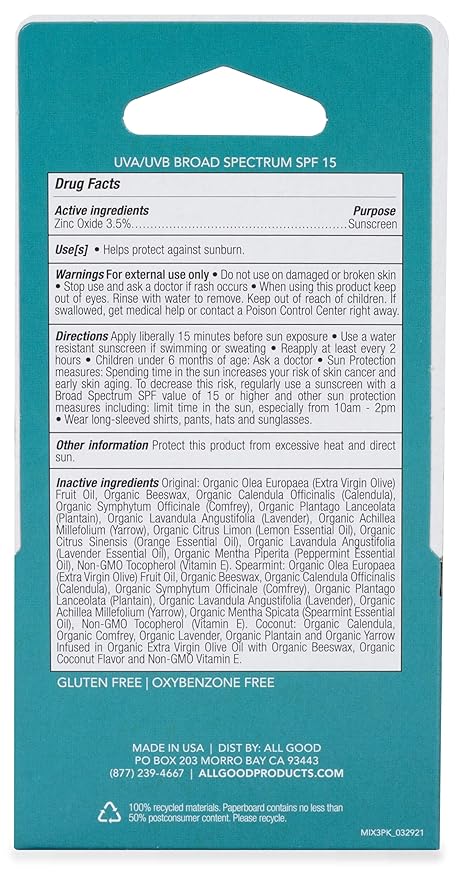 All Good Organic SPF15 Lip Balm - Hydrating Lip Care with Olive Oil, Beeswax, Calendula, Lavender, Vitamin E - Lip Moisturizer with Zinc Oxide Protection - Original, Spearmint & Coconut (6-pack)