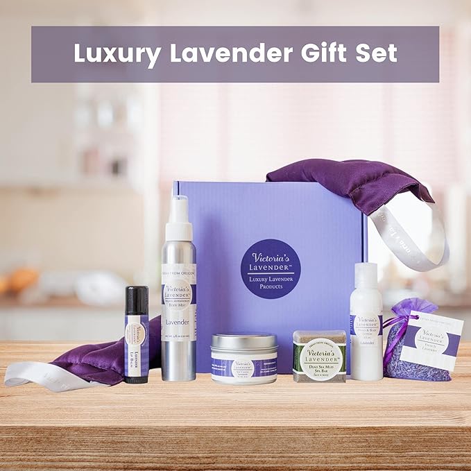Victoria's Lavender Luxury Spa Gift Sets for Women - Neck Wrap, Body Mist, Body Lotion, Lip Balm, Soy Candle, Lavender Face Cream & Sachet, Made in USA Self Care Kit, Best Spa Kit for Women Gift Set