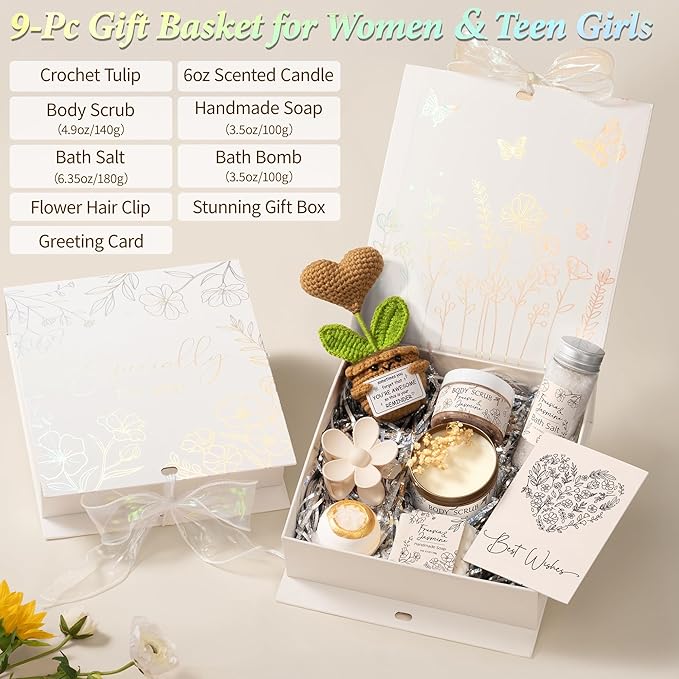Spa Gifts for Women Bath Gift Set, Freesia & Jasmine Relaxing Spa Gift Basket Home Bath Set Self Care Kit Care Package Thank You Christmas Birthday Gifts for Women Mom Her Friend Sister Teen Girl Wife