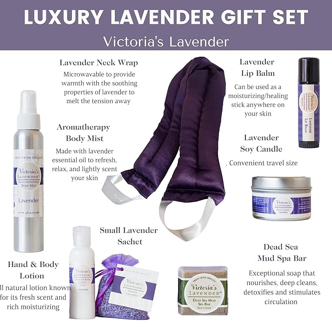 Victoria's Lavender Luxury Spa Gift Sets for Women - Neck Wrap, Body Mist, Body Lotion, Lip Balm, Soy Candle, Lavender Face Cream & Sachet, Made in USA Self Care Kit, Best Spa Kit for Women Gift Set