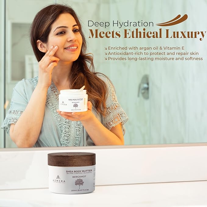 AZMERA Handcrafted Whipped Shea Body Butter – Luxurious Moisturizer for Dry, Sensitive Skin with Bergamot, Argan Oil & Vitamin E – Vegan, Non-Greasy Skincare – 8.82 oz
