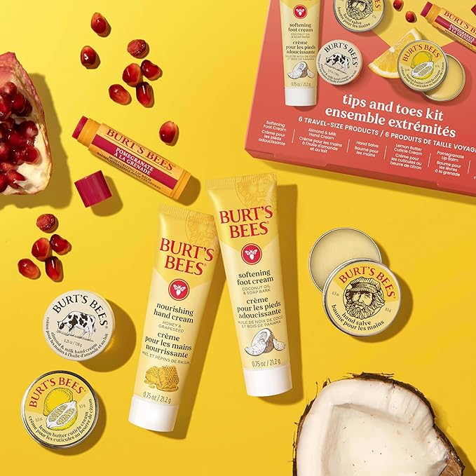 Burt's Bees Christmas Gifts - Tips and Toes Kit, 6 Travel Size Products for Stocking Stuffers - Pomegranate Moisturizing Lip Balm, 2 Hand Creams, Foot Cream, Cuticle Cream, and Hand Salve