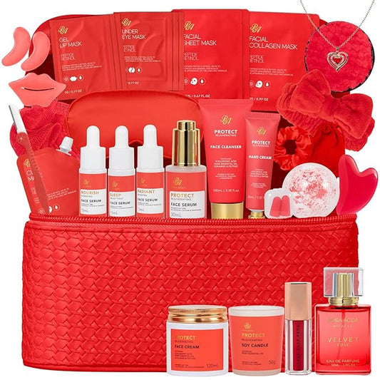 Christmas Gifts for Women, Red Rose 33 Pcs Spa Bath & Body Gift Set, Face Sheet Mask Skin Care, Hydrogel Mask, Lip Gloss, Cosmetic Bag, Face Serum, Necklace, Cleanser, Gua Sha, Mother Day, Birthday
