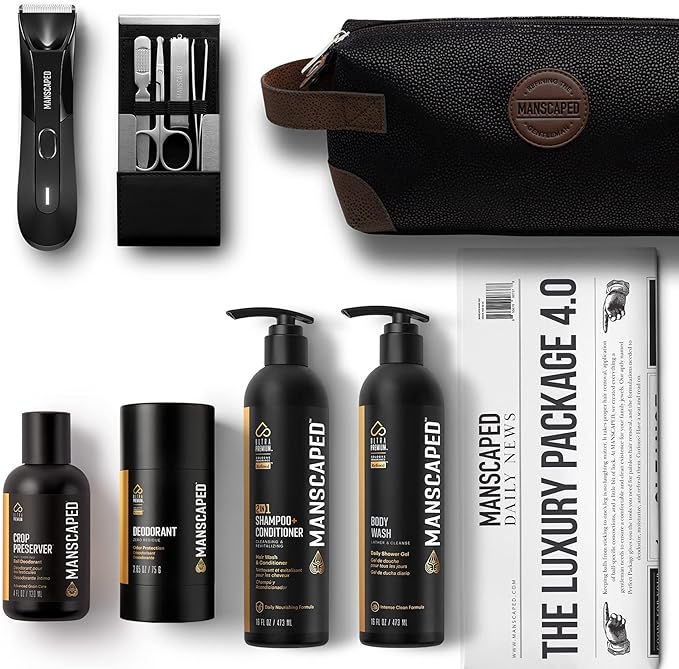 MANSCAPED® The Luxury Package 4.0 Includes: The Lawn Mower® 4.0 Electric Trimmer, The Shears 2.0 Nail Kit, Crop Preserver®, Deodorant, Body Wash, 2-in-1 Shampoo & Conditioner, The Shed Toiletry Bag