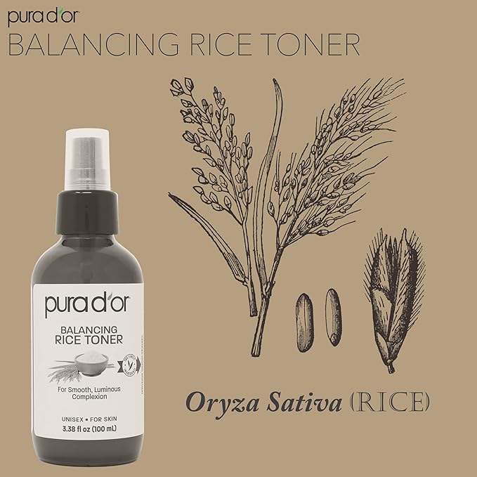 PURA D'OR 3.38 Oz Rice Water Balancing Facial Toner - Hydrating & Soothing Formula with Natural Extracts - Skin Texture Support for Radiant Skin - Alcohol-Free - Travel Size
