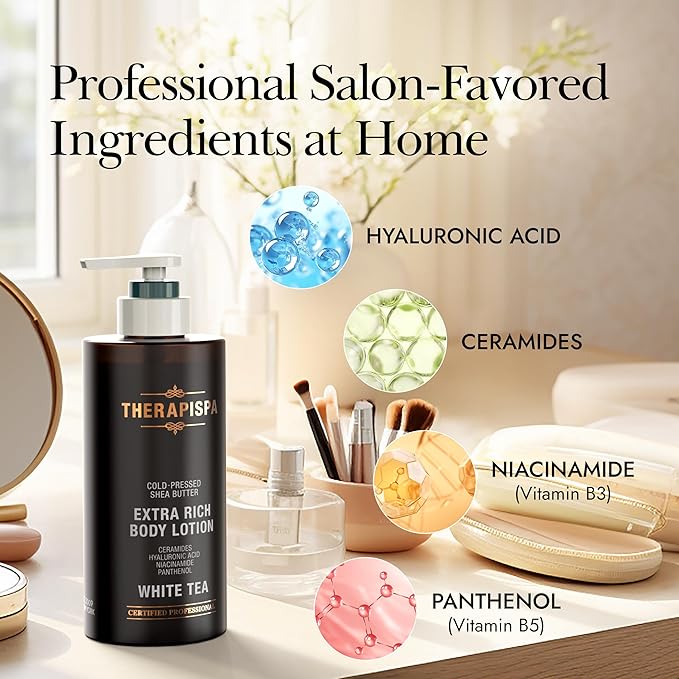 THERAPISPA Scented Body Lotion for Women – Refreshing Moisturizer with Shea Butter, Ceramides & Panthenol to Revive & Nourish Dry Skin – Used by All Genders (Bergamot & Olive, 17.0 fl oz)