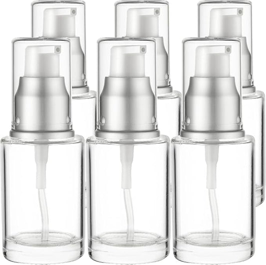 1 Oz 30ml Refillable Luxury Clear Glass Lotion Travel Pump Bottle with Silver Cap for Cosmetics, Lotion, Body Cream, Sanitizers, Cream, Foundation (Pack of 6)