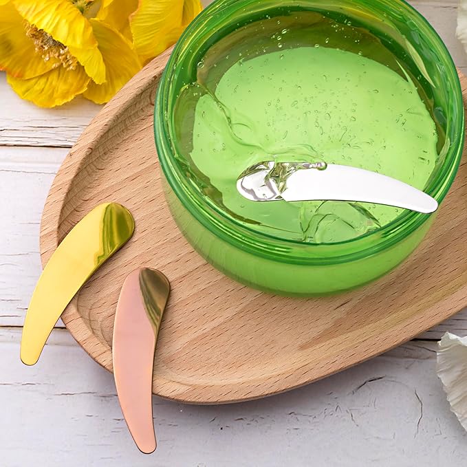 3pcs Mini Metal Makeup Spatula, Reusable Cosmetic Cream Spatulas Spoon, Skincare Scoop Applicator Facial Massage Beauty Tools for Mixing and Sampling Face Eye Cream- Silver & Gold & Rose Gold