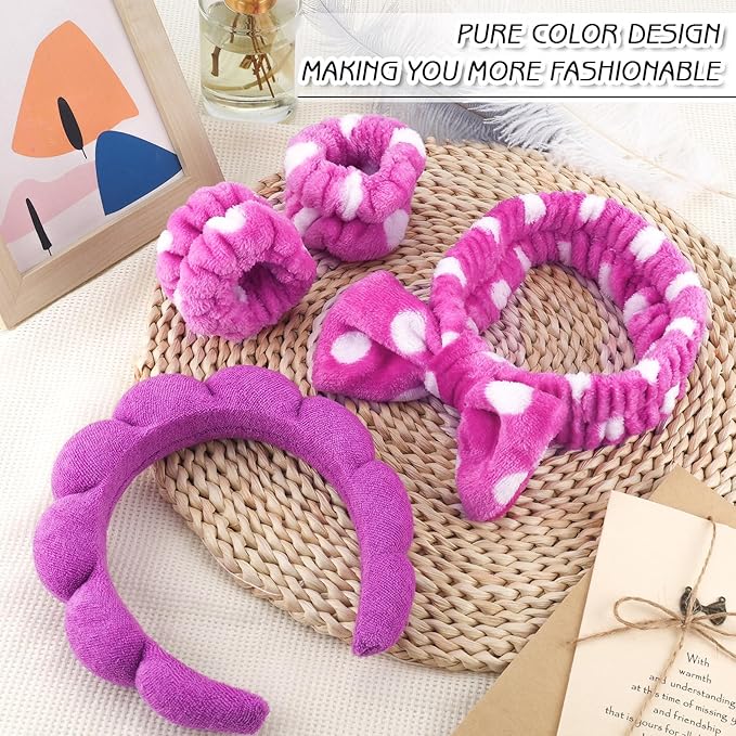 Zkptops 6Pcs Spa Headband for Washing Face Wristbands Set Women Bubble Skincare Makeup Sponge Terry Cloth Padded Puffy Headband Bow Tie Hairband Cute Non Slip Thick Hair Accessory Gifts(Dark Purple)