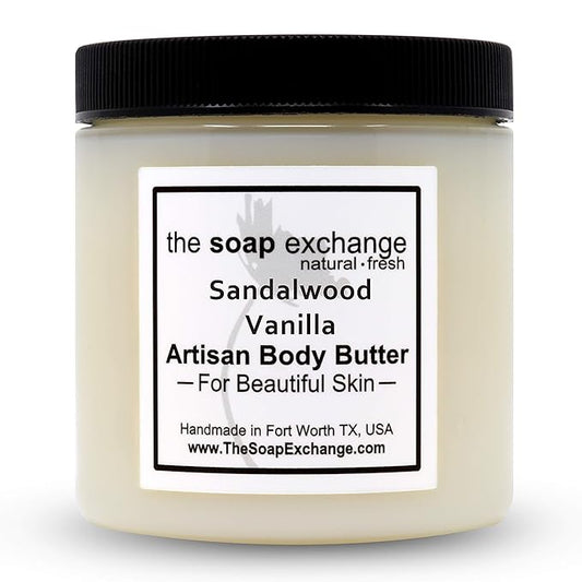 The Soap Exchange Body Butter - Sandalwood Vanilla Scent - Hand Crafted 4 fl oz / 120 ml Natural Artisan Skin Care, Shea Butter, Aloe Vera, Nourish, Moisturize, & Protect. Made in the USA.