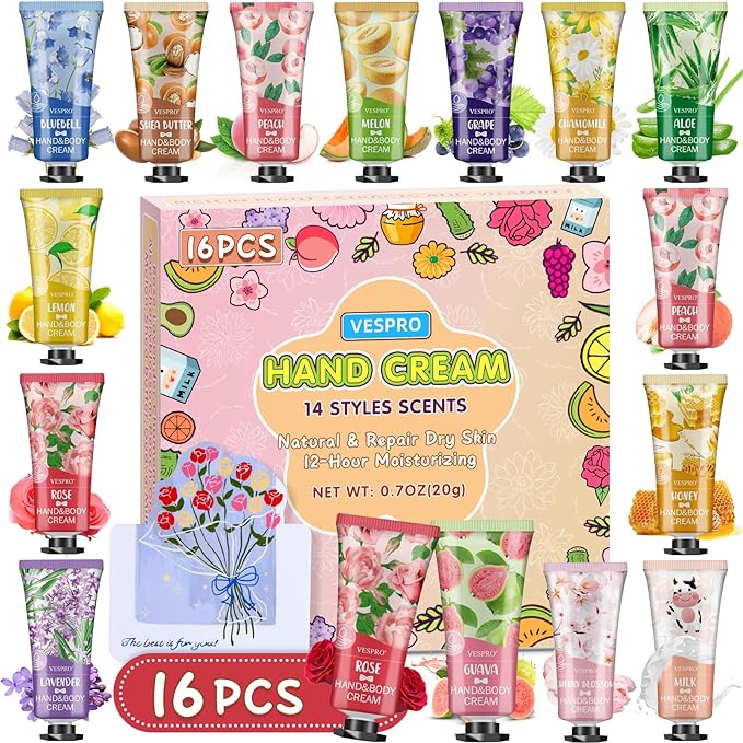 16 Pack Hand Cream Set, Stocking Stuffers for Women, Bridesmaid Gifts, Bulk Hand Lotion Travel Size for Dry Cracked Hands, Mini Hand Lotion for Thank You Gifts and Christmas Gifts with a Greeting Card