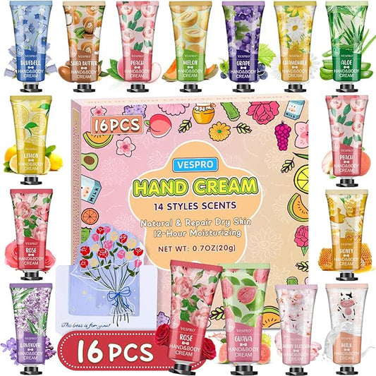 16 Pack Hand Cream Set, Stocking Stuffers for Women, Bridesmaid Gifts, Bulk Hand Lotion Travel Size for Dry Cracked Hands, Mini Hand Lotion for Thank You Gifts and Christmas Gifts with a Greeting Card