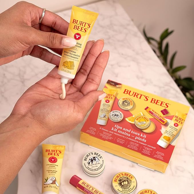 Burt's Bees Christmas Gifts - Tips and Toes Kit, 6 Travel Size Products for Stocking Stuffers - Pomegranate Moisturizing Lip Balm, 2 Hand Creams, Foot Cream, Cuticle Cream, and Hand Salve