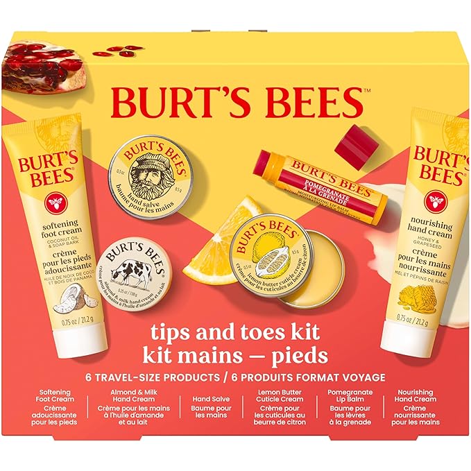 Burt's Bees Christmas Gifts - Tips and Toes Kit, 6 Travel Size Products for Stocking Stuffers - Pomegranate Moisturizing Lip Balm, 2 Hand Creams, Foot Cream, Cuticle Cream, and Hand Salve