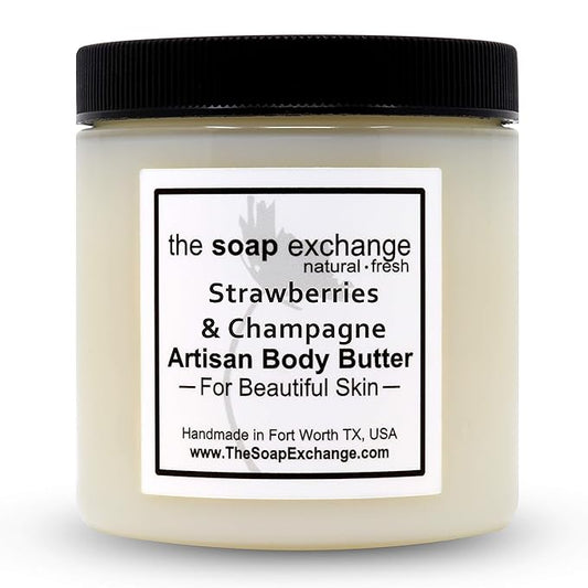 The Soap Exchange Body Butter - Strawberries & Champagne Scent - Hand Crafted 4 fl oz / 120 ml Natural Artisan Skin Care, Shea Butter, Aloe Vera, Nourish, Moisturize, & Protect. Made in the USA.
