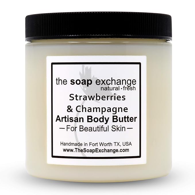 The Soap Exchange Body Butter - Strawberries & Champagne Scent - Hand Crafted 8 fl oz / 240 ml Natural Artisan Skin Care, Shea Butter, Aloe Vera, Nourish, Moisturize, & Protect. Made in the USA.