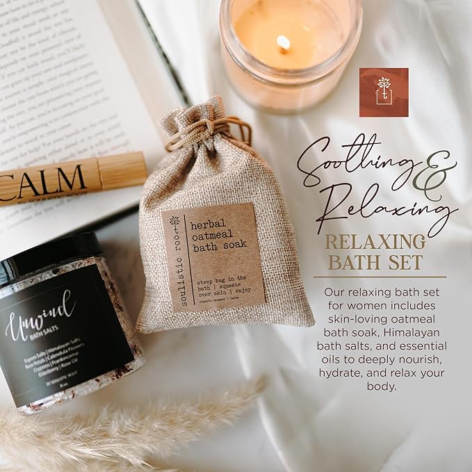 Soulistic Root Revitalizing Bath Set – Wellness Products with Tranquil Essential Oil Roller, Oatmeal Lavender Soak, Epsom Salts with Essential Oils, Ready-to-Gift Premium Box, Ideal Holiday Spa Gift
