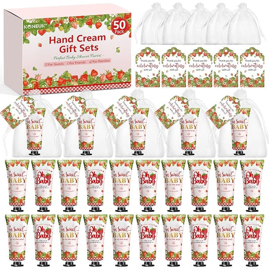 50 Pack Bulk Hand Cream Gifts Sets, Baby Shower Favors and Bridal Shower Favors for Guests with Thank You Card and Organza Gift Bags, Appreciation Gifts, Wedding Party Favors (Strawberry)