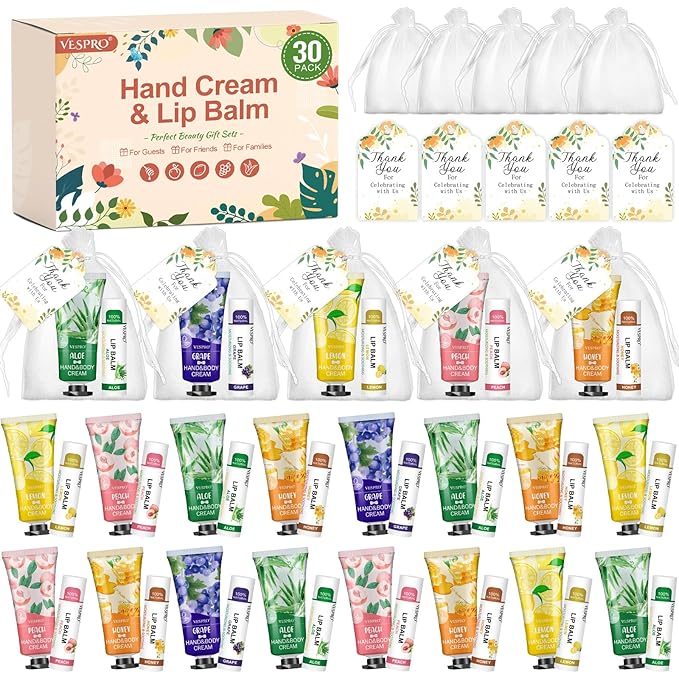 30 Sets Bulk Hand Cream and Bulk Lip Balm Gifts, Stocking Stuffers for Women, Wedding Favors for Guests with Thank You Card and Organza Bags, Christmas Gifts, Employee Appreciation Gifts
