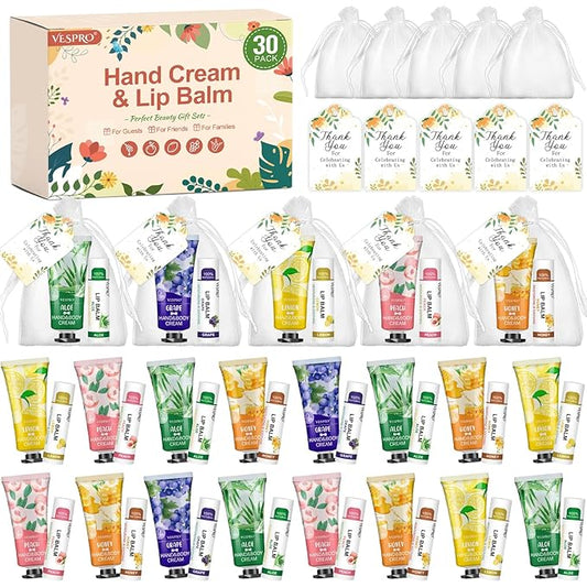 30 Sets Bulk Hand Cream and Bulk Lip Balm Gifts, Stocking Stuffers for Women, Wedding Favors for Guests with Thank You Card and Organza Bags, Christmas Gifts, Employee Appreciation Gifts