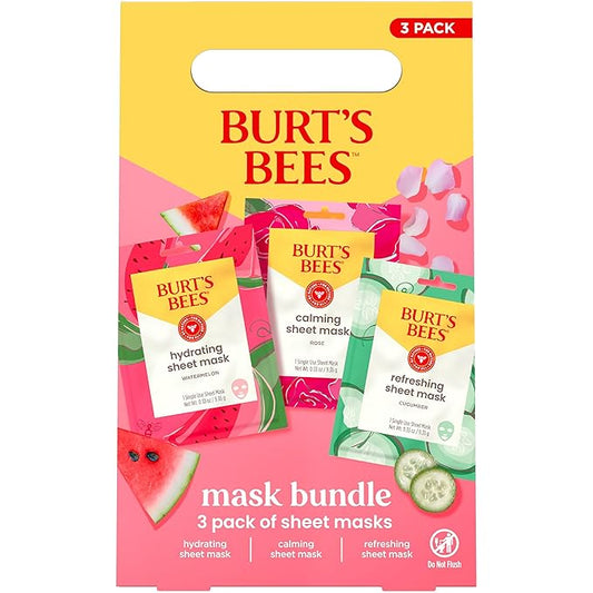 Burt's Bees Christmas Gifts - Face Mask Bundle Set, Hydrating Watermelon, Calming Rose, & Refreshing Cucumber, Face Sheet Masks for Single Use Skin Care, 99% Natural Origin, 3 Count, 0.33oz Each