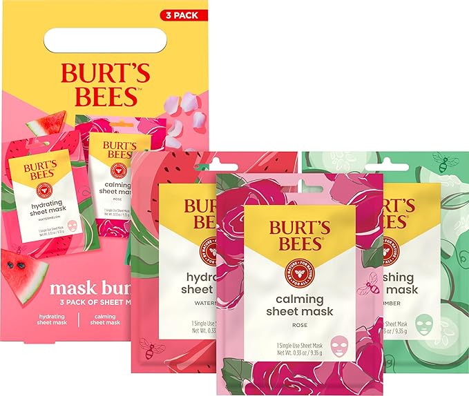 Burt's Bees Christmas Gifts - Face Mask Bundle Set, Hydrating Watermelon, Calming Rose, & Refreshing Cucumber, Face Sheet Masks for Single Use Skin Care, 99% Natural Origin, 3 Count, 0.33oz Each