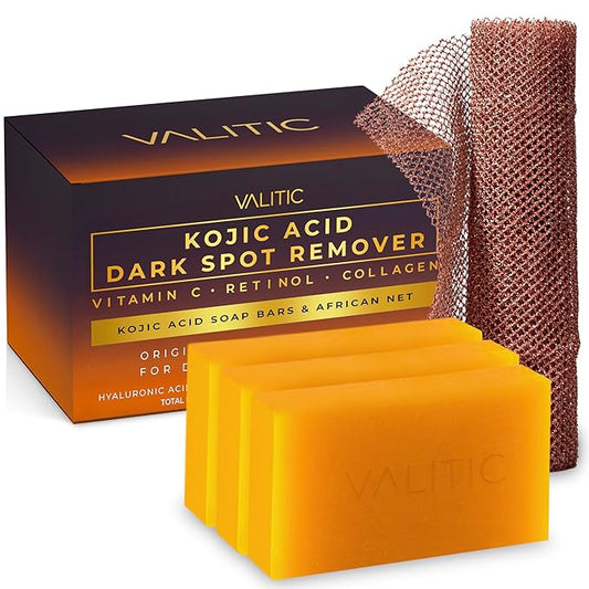 VALITIC Kojic Acid Dark Spot Remover Soap with Turmeric, Vitamin C, Retinol - Original Japanese Complex - Hyaluronic Acid, Vitamin E, Shea Butter, Castile Olive Oil - 3 Pack Bundle with African Net